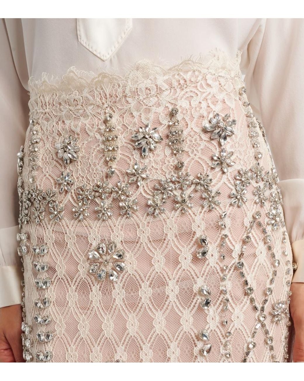 Costarellos Natural Dena Embellished Lace Pencil Skirt