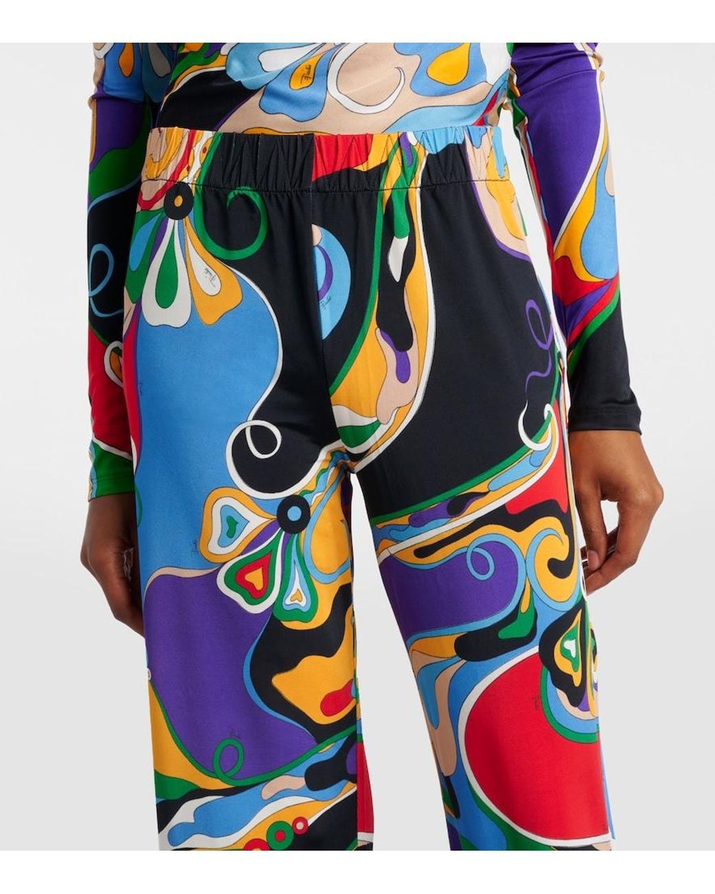 Emilio Pucci Blue Printed Jersey Satin Straight Pants