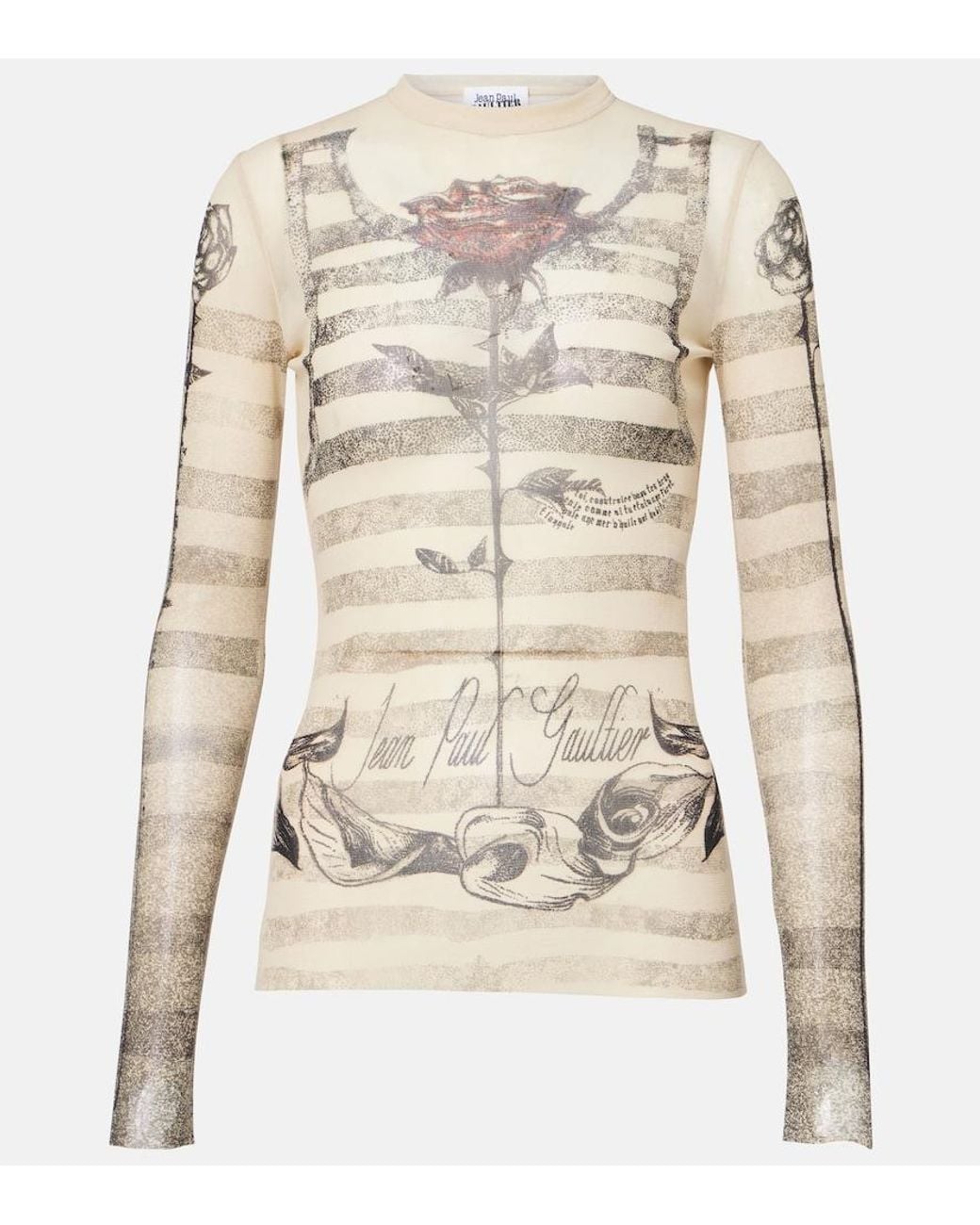 Jean Paul Gaultier Natural Striped Printed Mesh Top