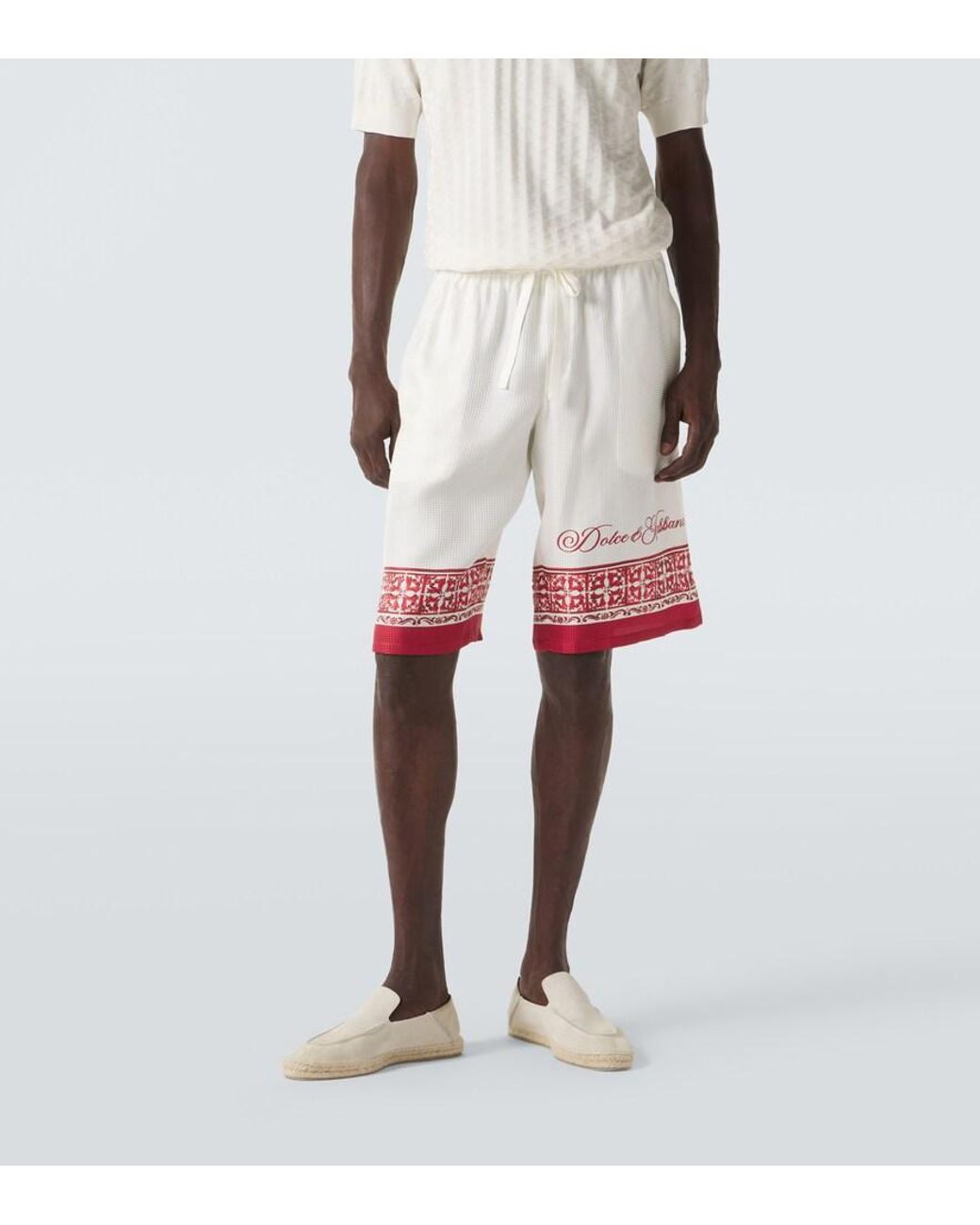 Dolce & Gabbana White Majolica Silk Twill Jacquard Bermuda Shorts for men