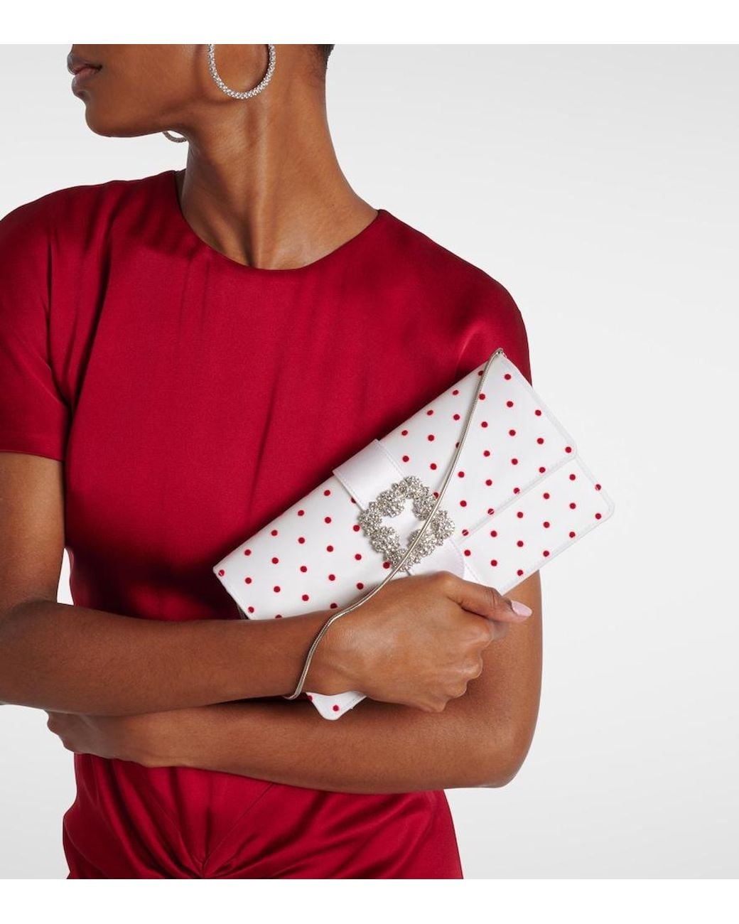 Manolo Blahnik White Capri Embellished Polka-Dot Satin Clutch