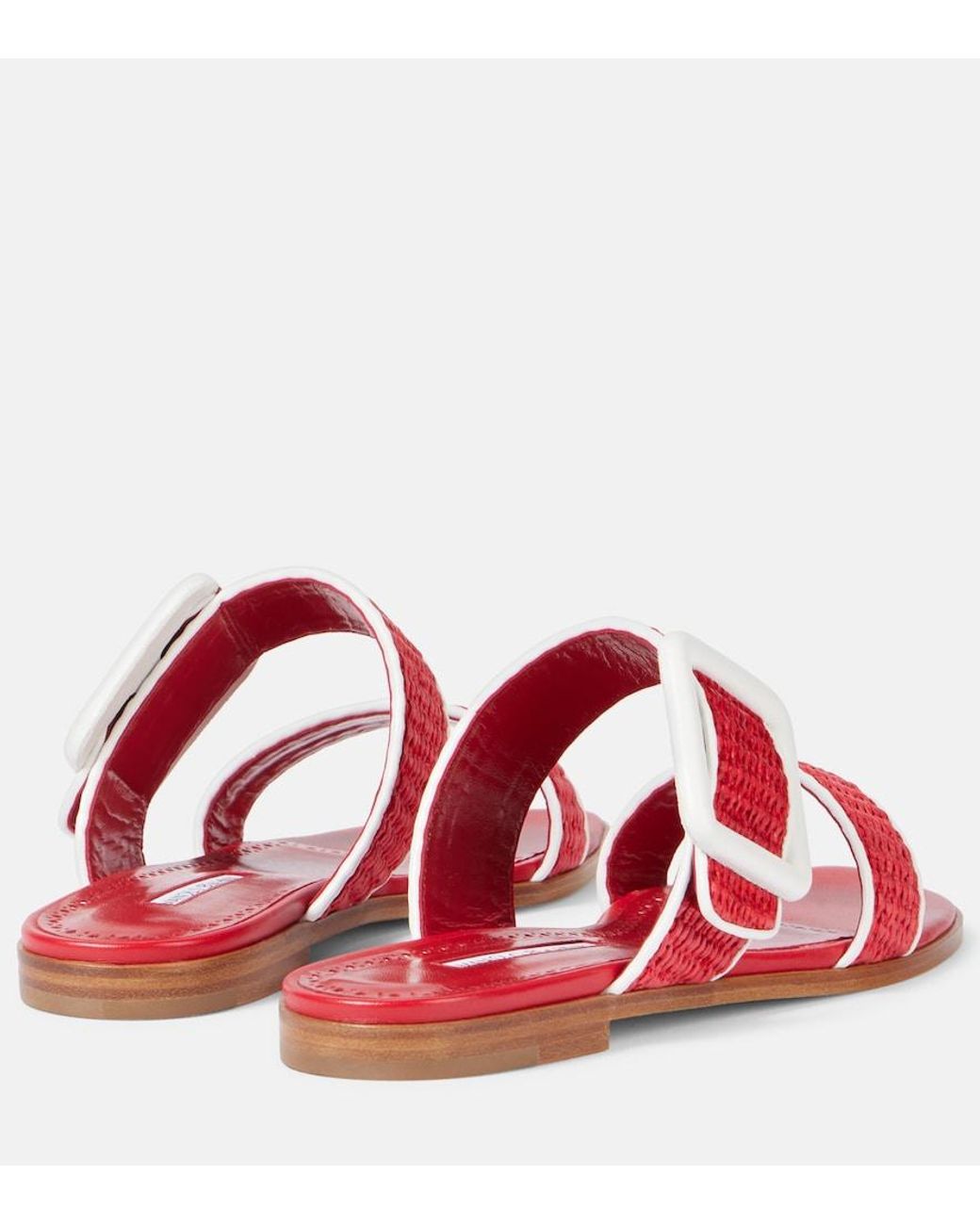Manolo Blahnik Red Tituba Leather-Trimmed Raffia Sandals