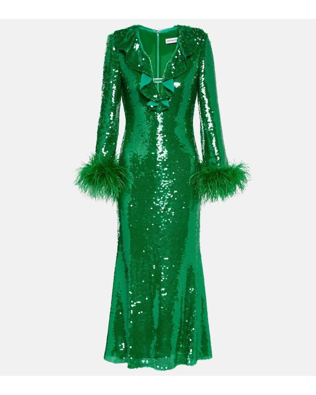 Self-Portrait Green Feather-Trimmed Sequined Midi Dress