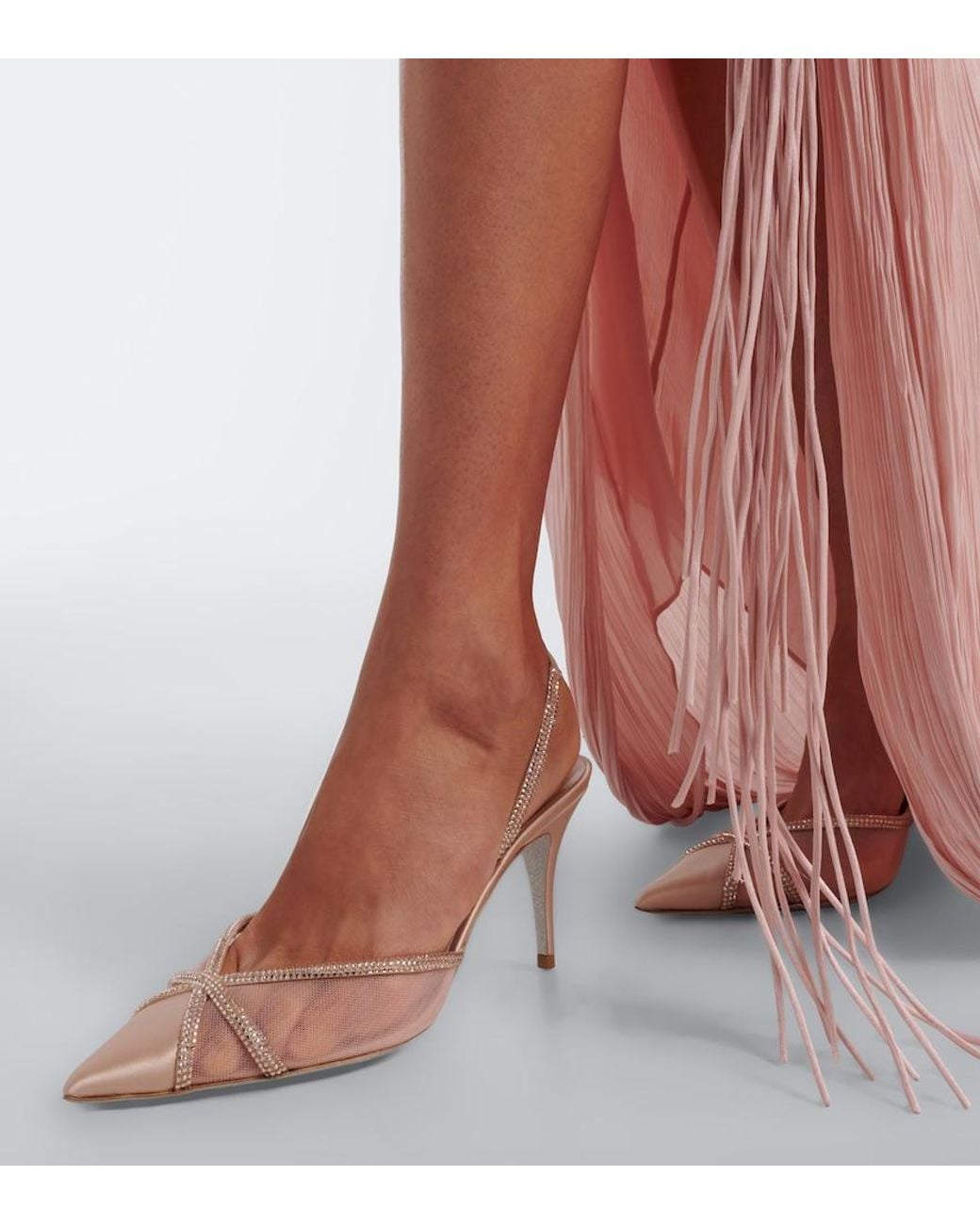 Rene Caovilla Pink Embellished Satin And Mesh Slingback Pumps