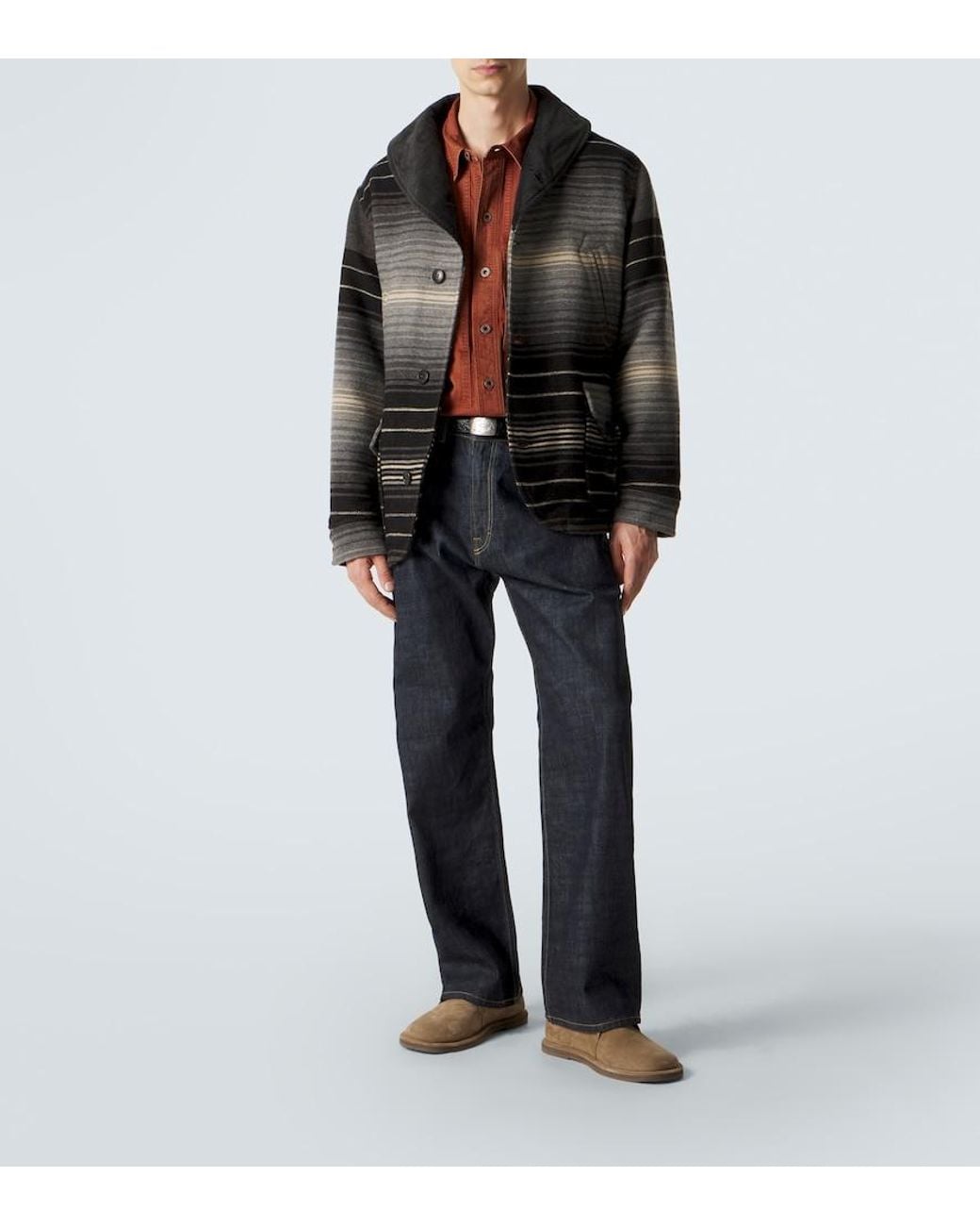 RRL Black Striped Wool And Cotton Jacquard Coat for men