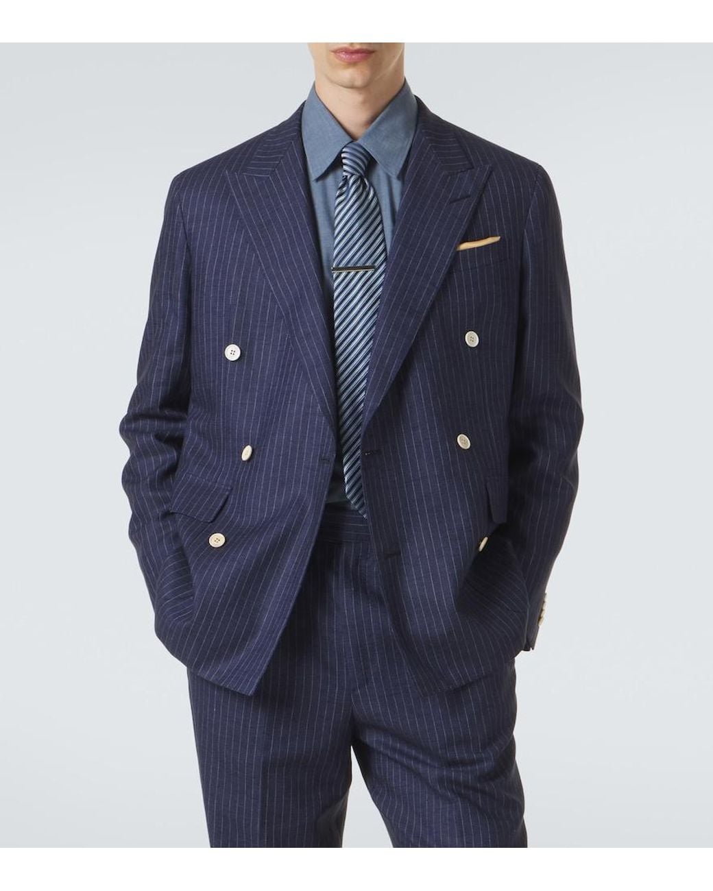 Dunhill Blue Pinstripe Double-Breasted Linen Blazer for men
