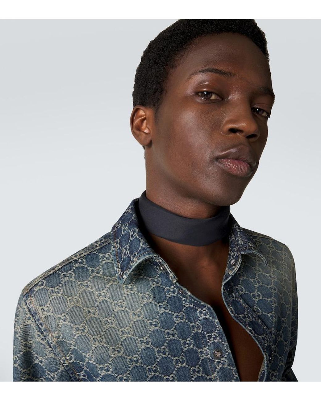 Gucci Blue Web Stripe Cotton And Silk Scarf for men