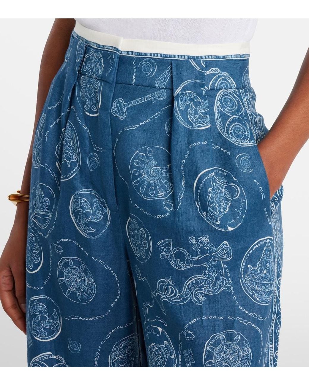 ALÉMAIS Blue Lucky Printed Linen Wide-Leg Pants