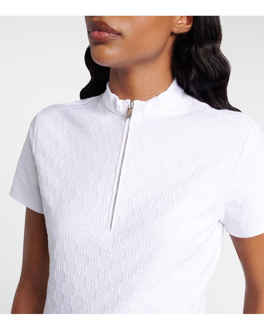 Gucci White Gg Jersey Jacquard Half-Zip Top