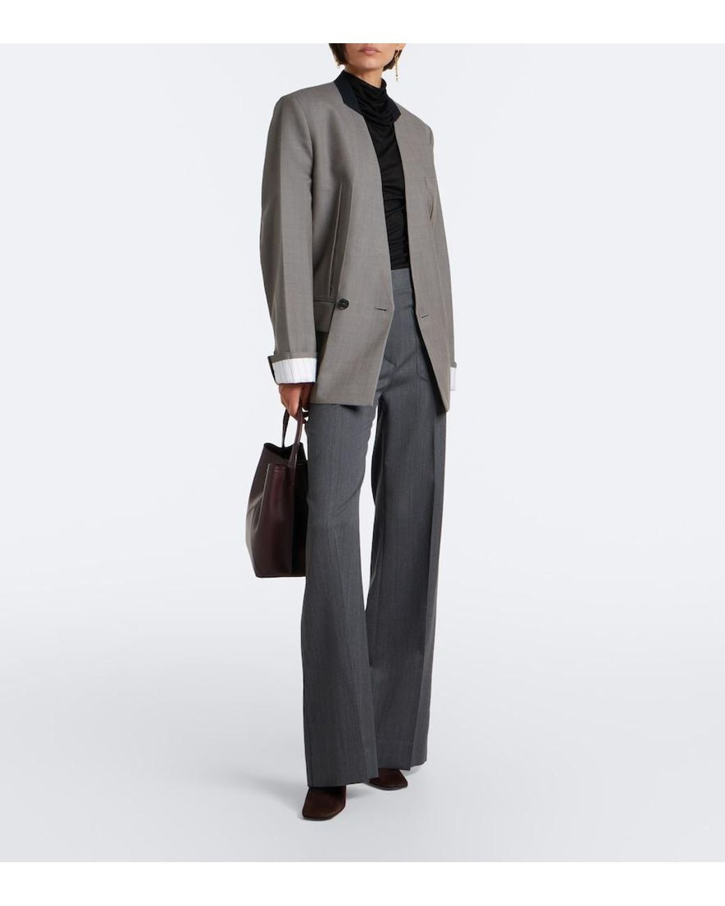 Victoria Beckham Gray Alina Herringbone Virgin Wool Wide-Leg Pants