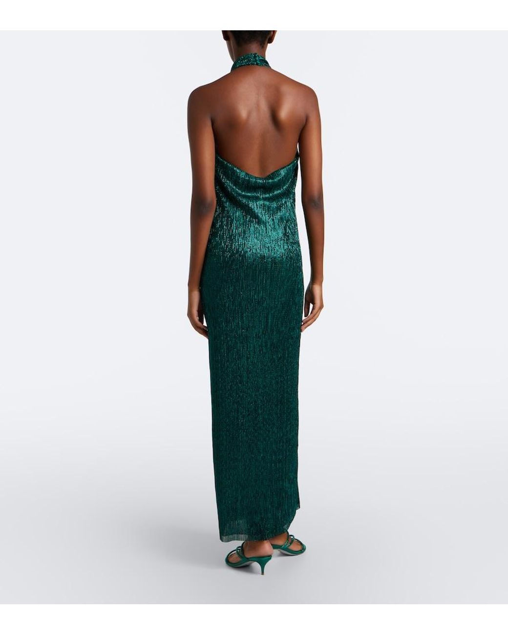 Cala De La Cruz Green Jeanne Halterneck Lame Gown