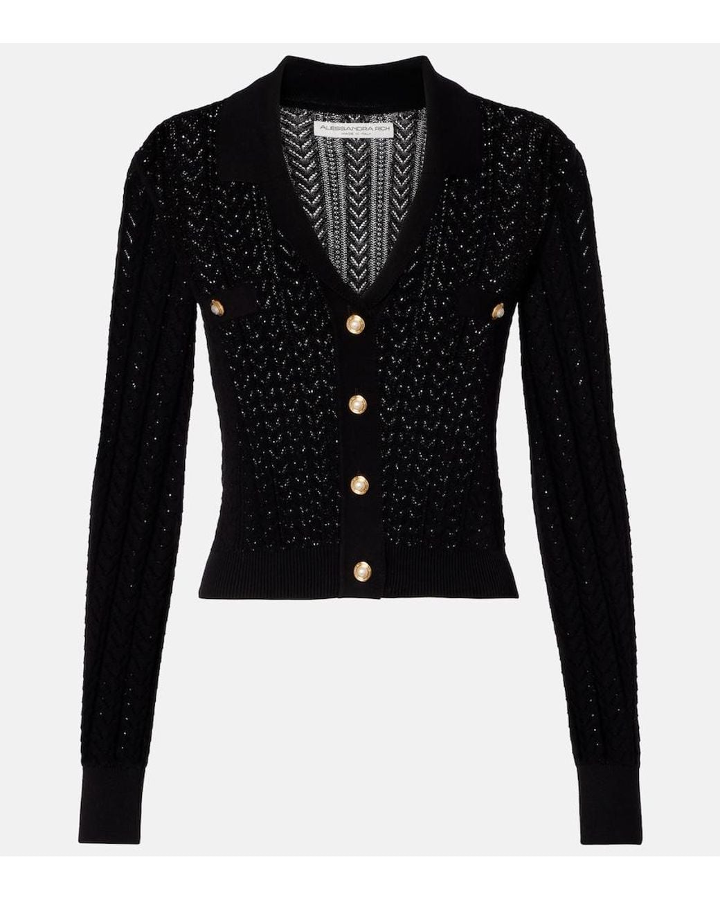 Alessandra Rich Black Pointelle Cotton And Cashmere Cardigan