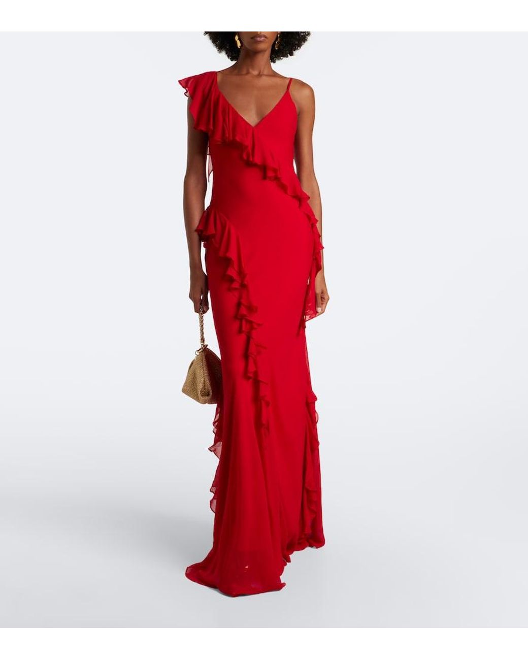 De La Vali Red Mayara Ruffled Georgette Gown
