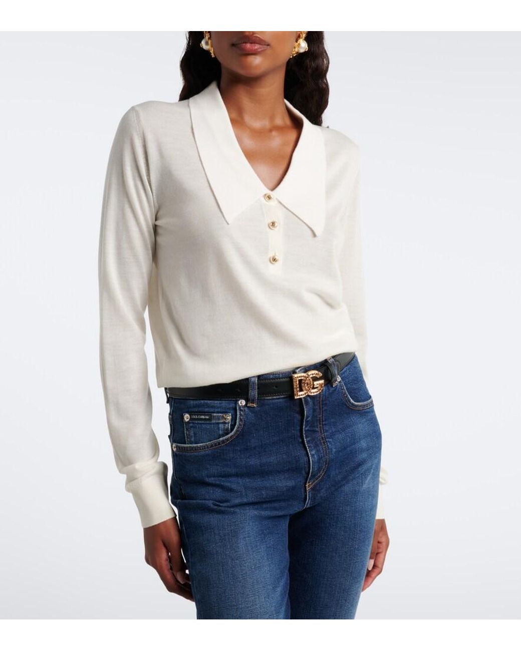 Dolce & Gabbana White Embellished Cashmere-Blend Polo Sweater