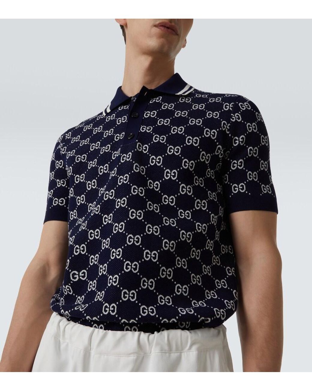Gucci Blue Gg Cotton Knit Jacquard Polo Shirt for men