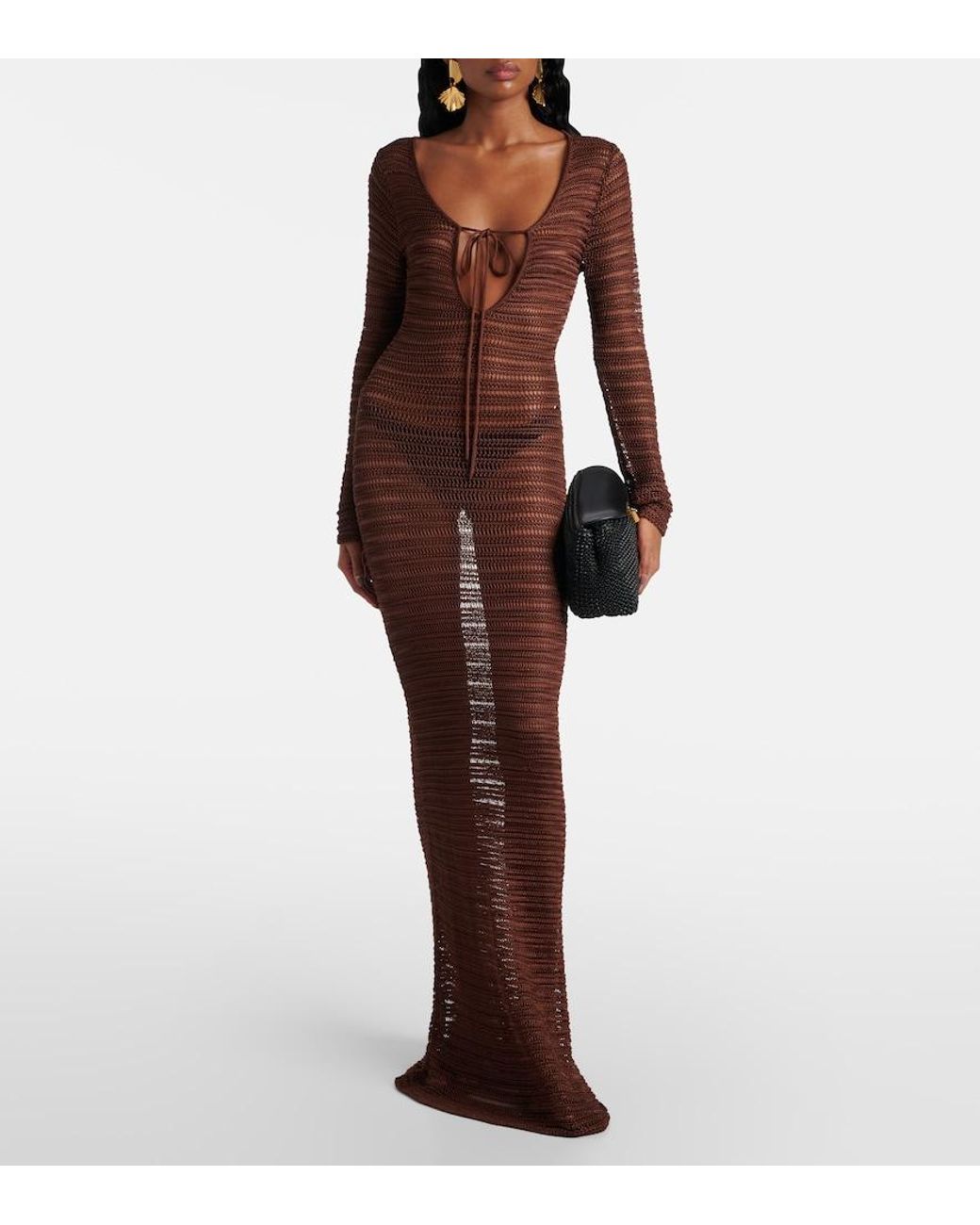 AYA MUSE Brown Open-Knit Maxi Dress