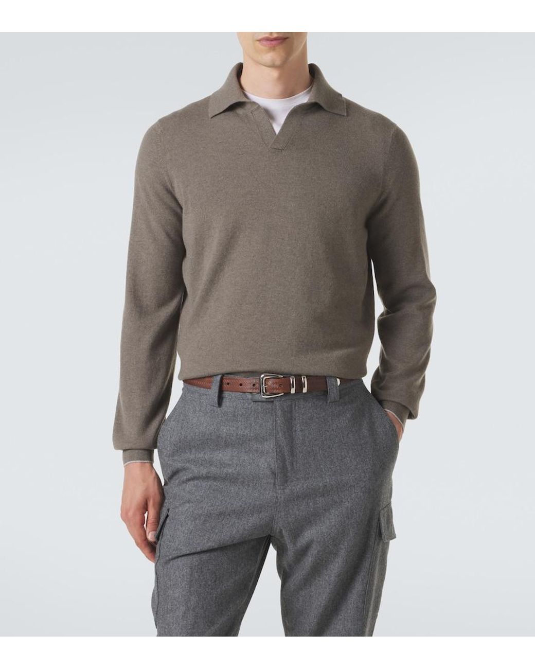 Brunello Cucinelli Gray Cashmere Polo Sweater for men