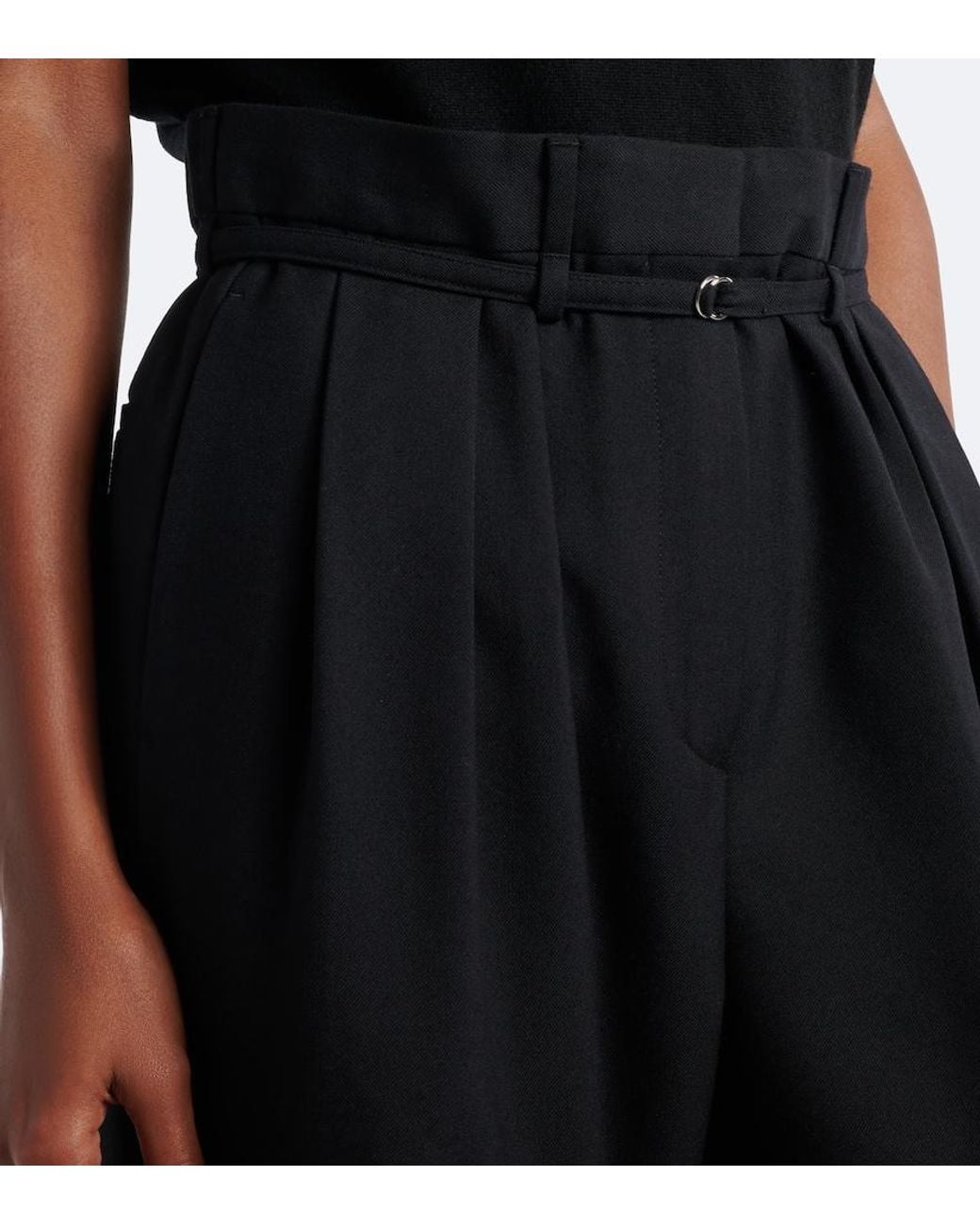 Dries Van Noten Black Belted Pleated Wool Wide-Leg Pants