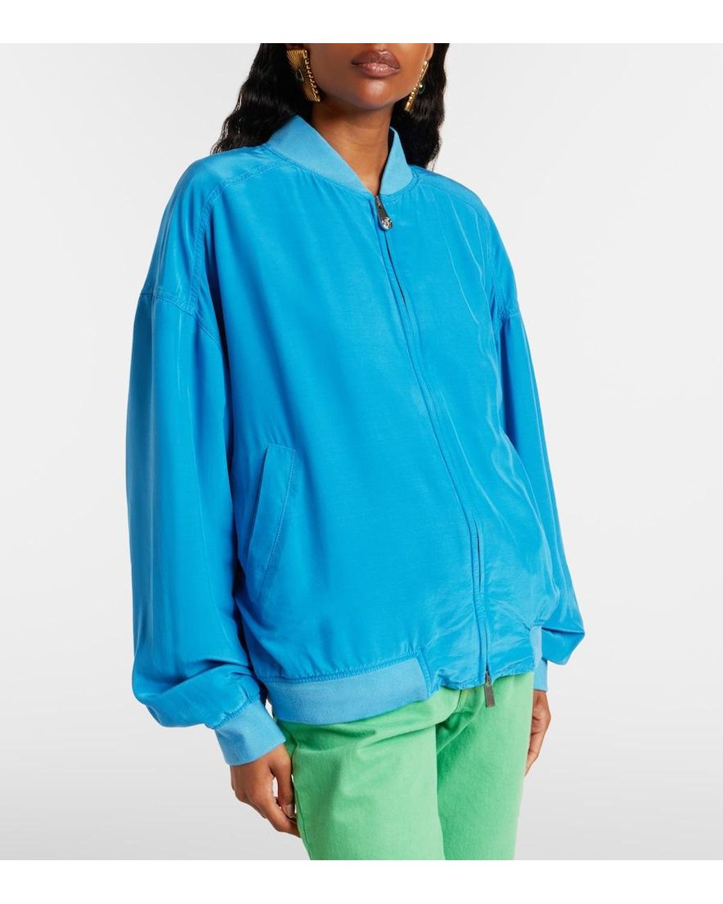 Versace Blue Oversized Silk Poplin Blouson Jacket