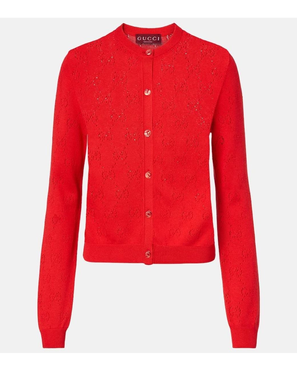 Gucci Red Gg Pointelle Silk And Cotton Cardigan