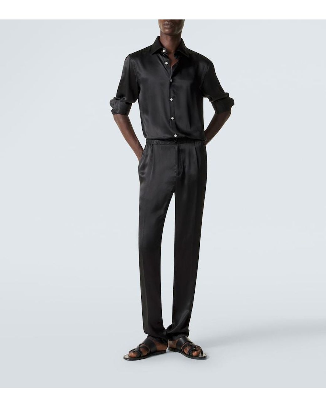 Rubinacci Black Reversible Silk Straight Pants for men