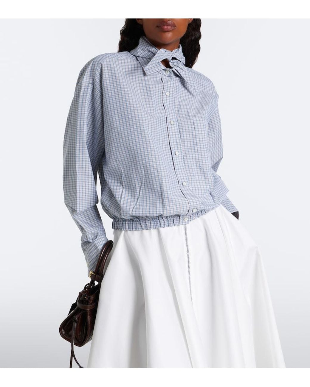 Prada Gray Bow-Detail Checked Cotton Blouse