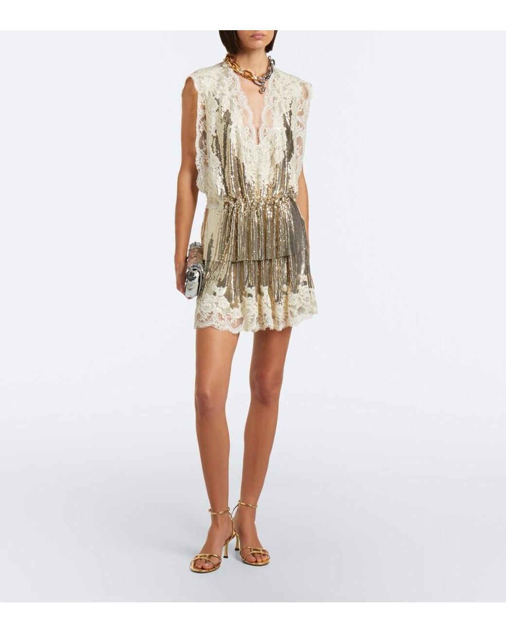 Rabanne Natural Lace-Trimmed Chainmail Miniskirt