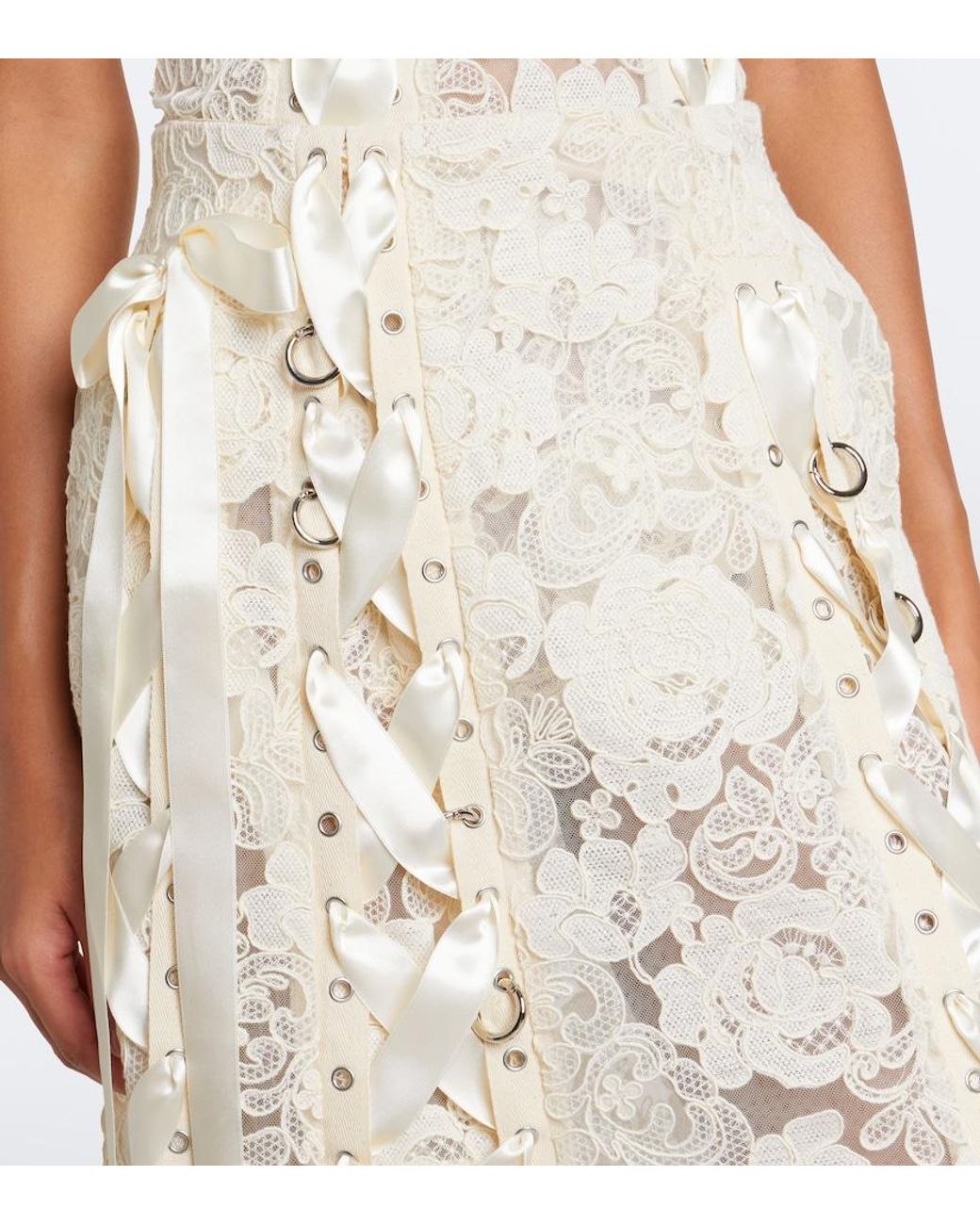 Simone Rocha Natural Unraveling Bow-Detail Lace Midi Skirt