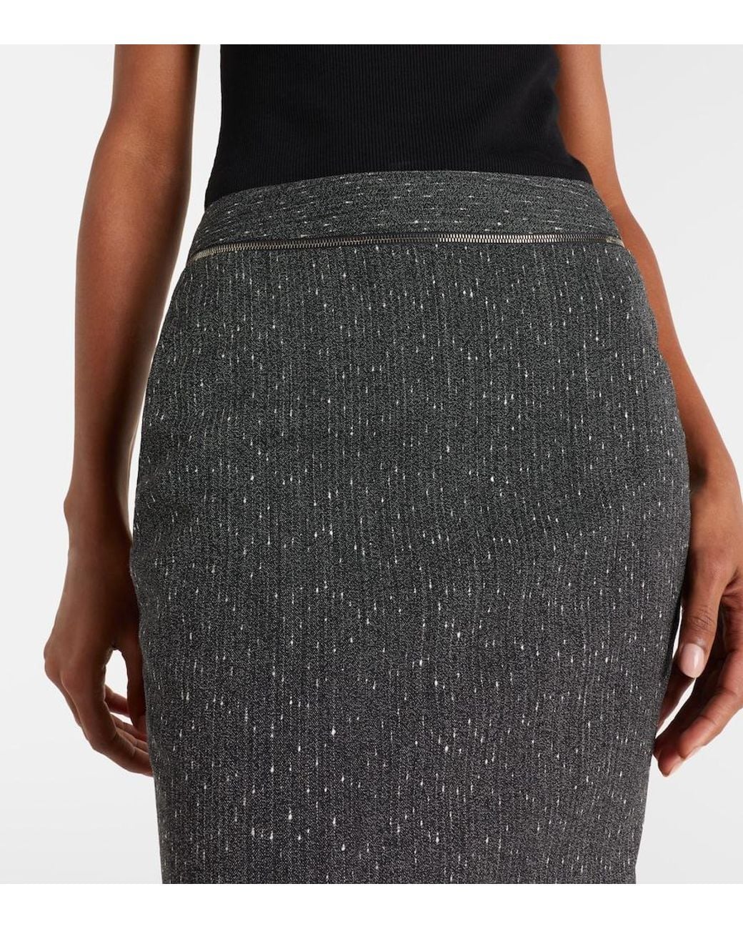 McQueen Black Pinstripe Wool Tweed Pencil Skirt