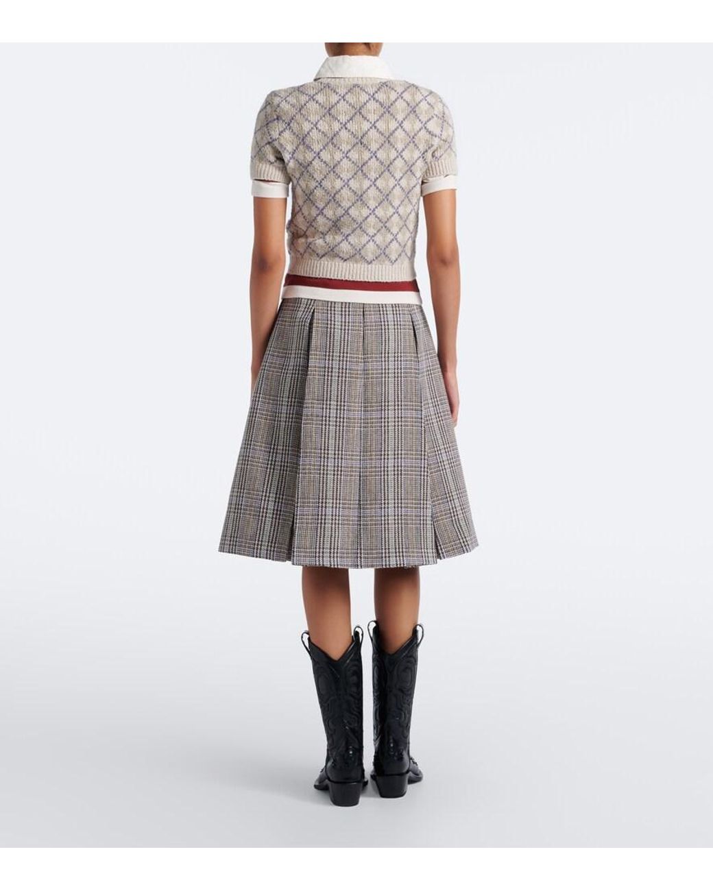 Acne Gray Checked Pleated Wool Midi Skirt