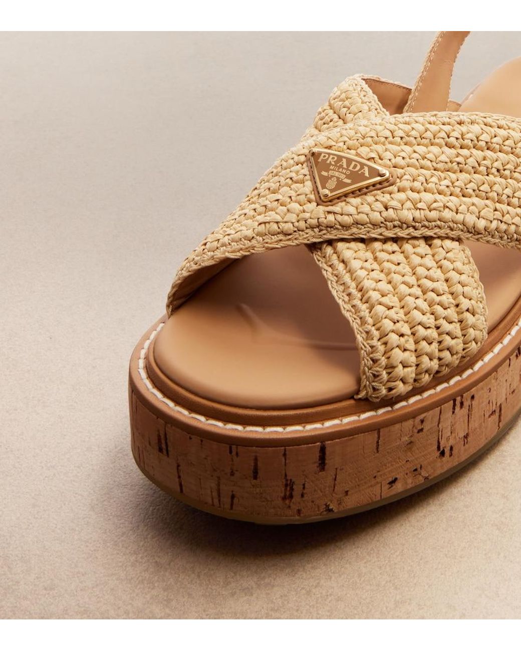 Prada Brown Crochet Raffia-Effect Slingback Sandals