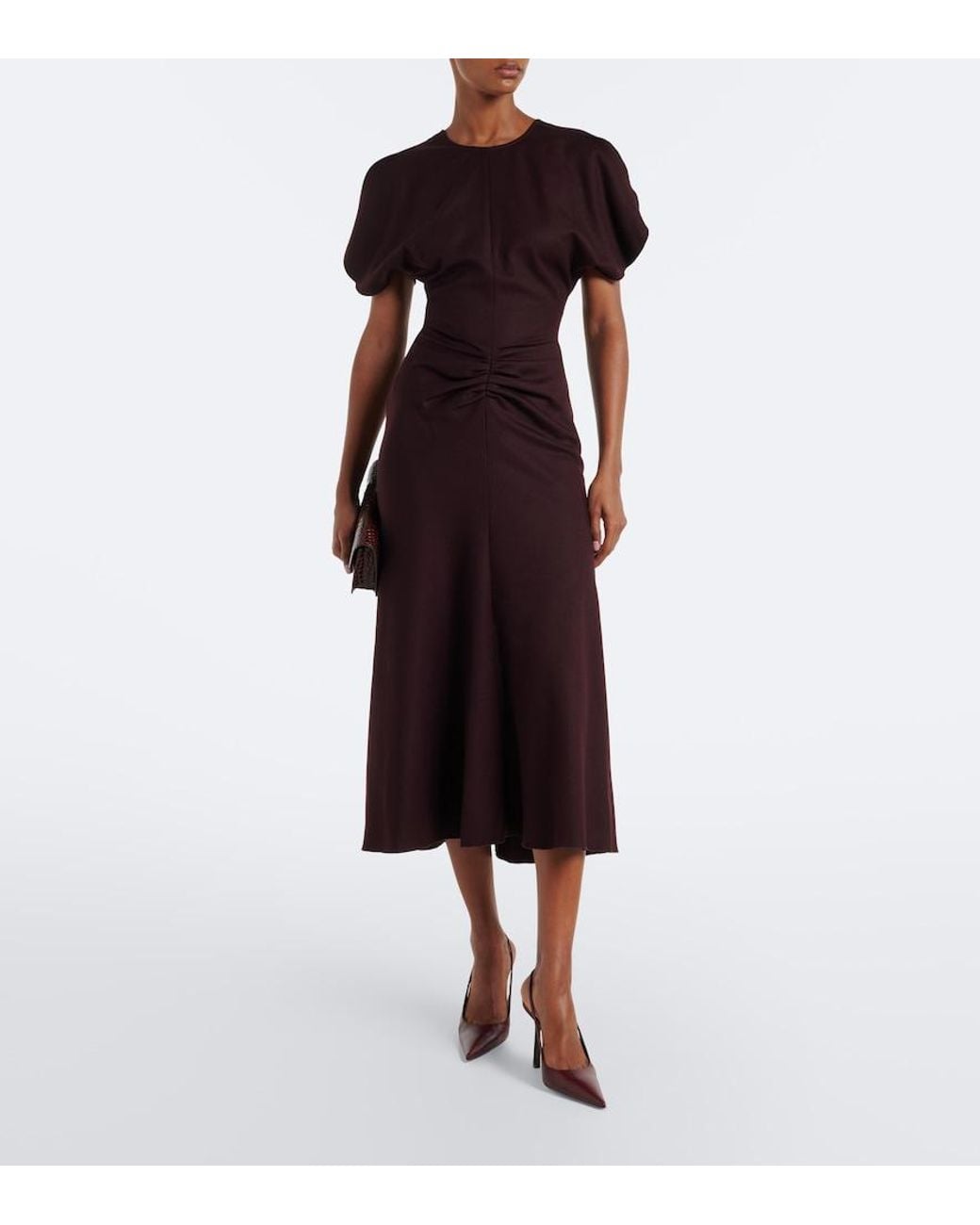 Victoria Beckham Purple Bela Gathered Virgin Wool Midi Dress