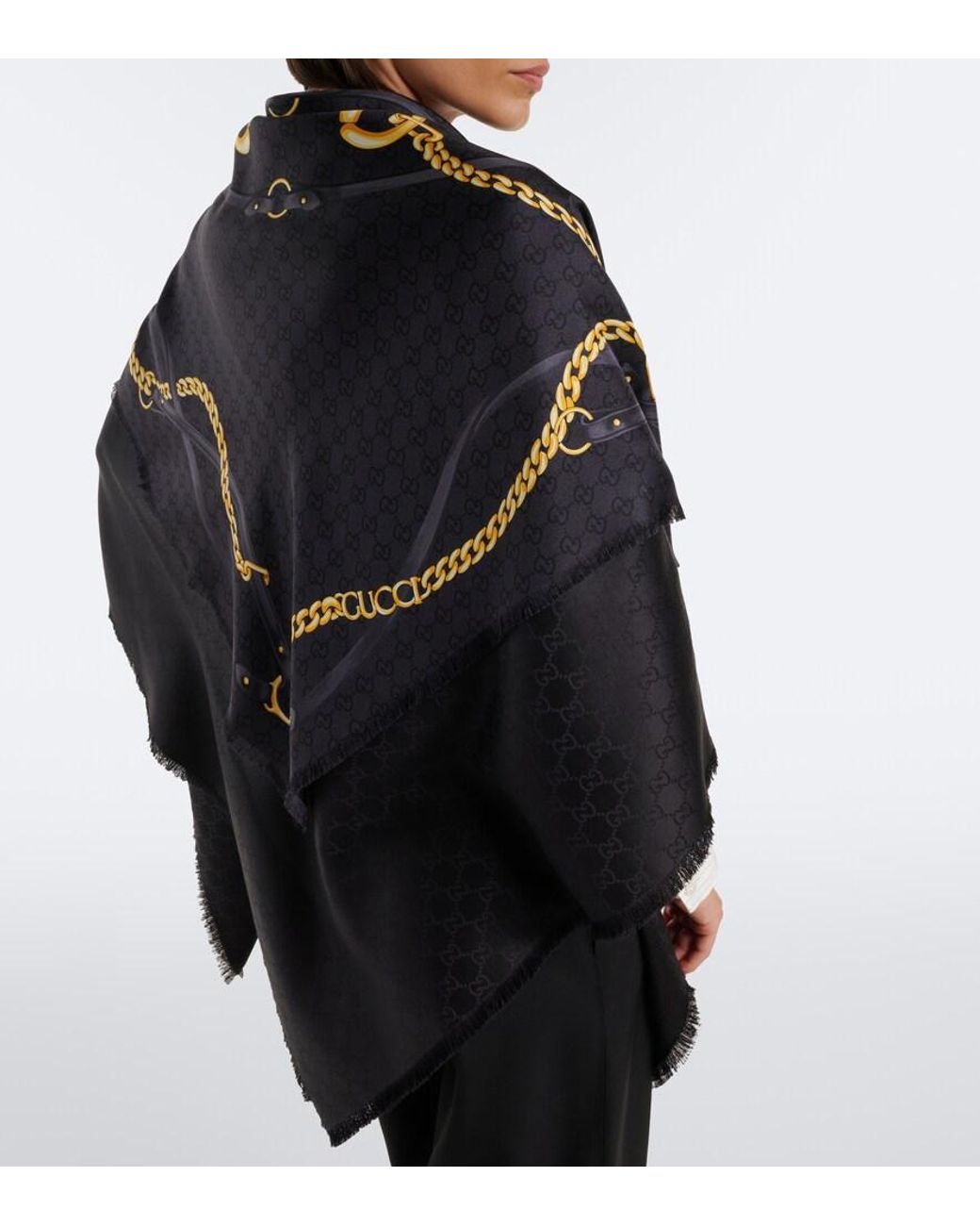 Gucci Black Fringe-Trimmed Printed Silk Shawl