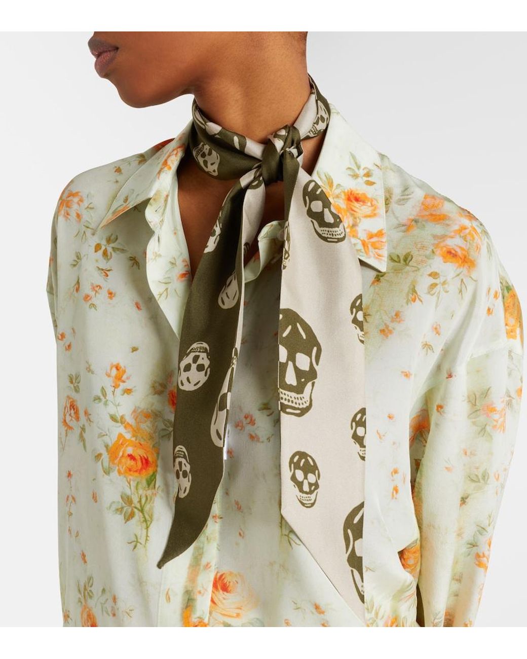 McQueen Green Skull Silk Twill Scarf