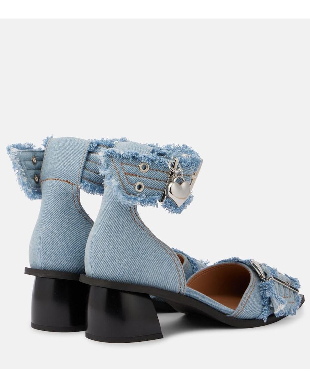 Ganni Blue Denim Feminine Buckle Open Cut Heels