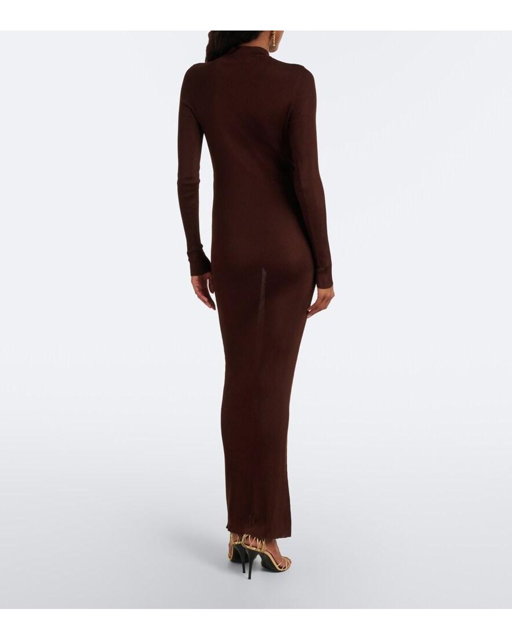 Saint Laurent Brown Cassandre Ribbed-Knit Silk Maxi Dress