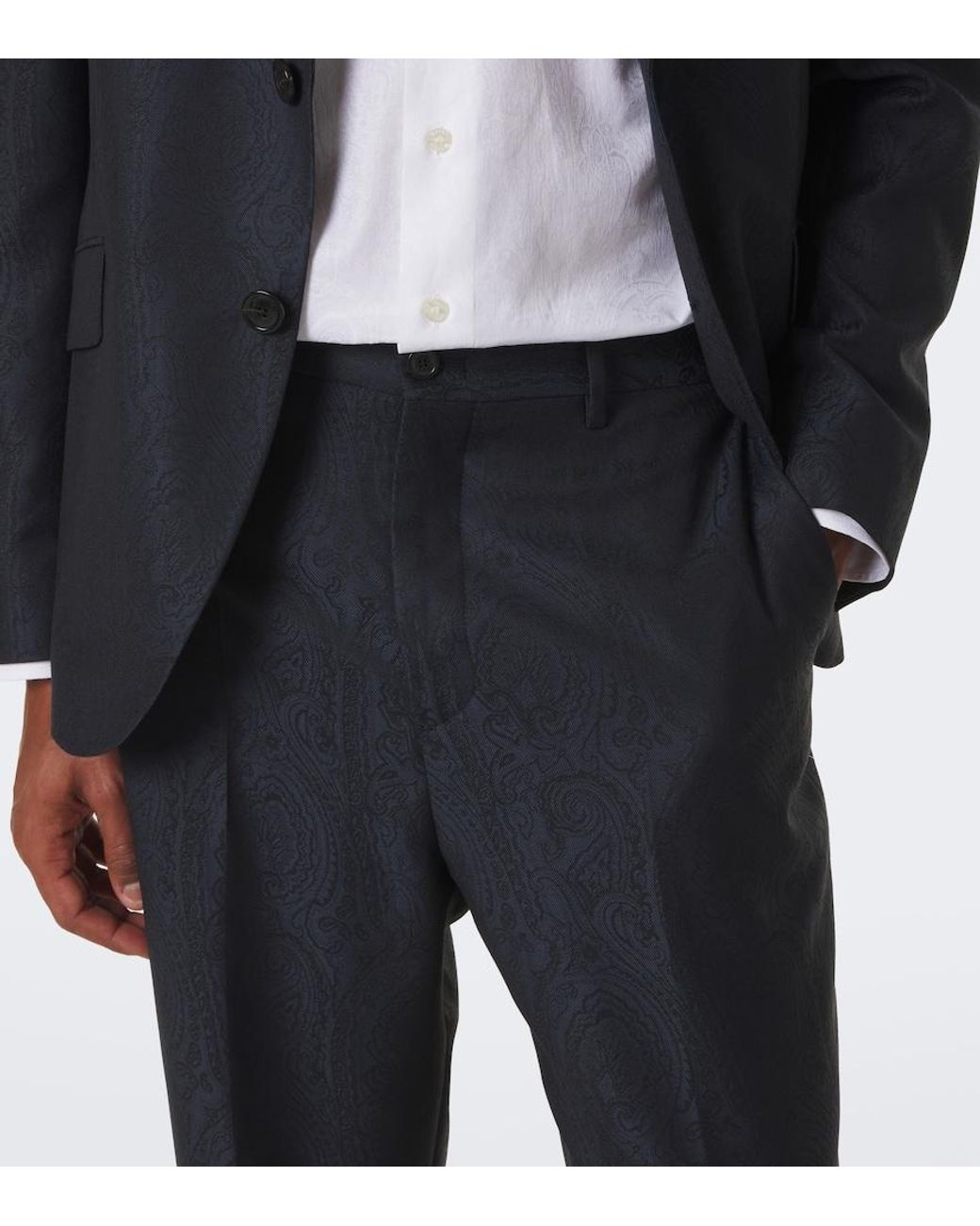Etro Blue Jacquard Virgin Wool Straight Pants for men