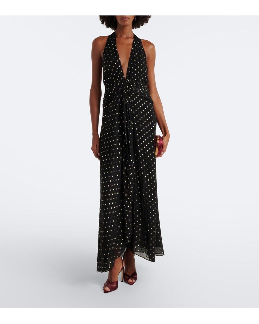 Rixo Black Alaina Polka-Dot Halterneck Midi Dress
