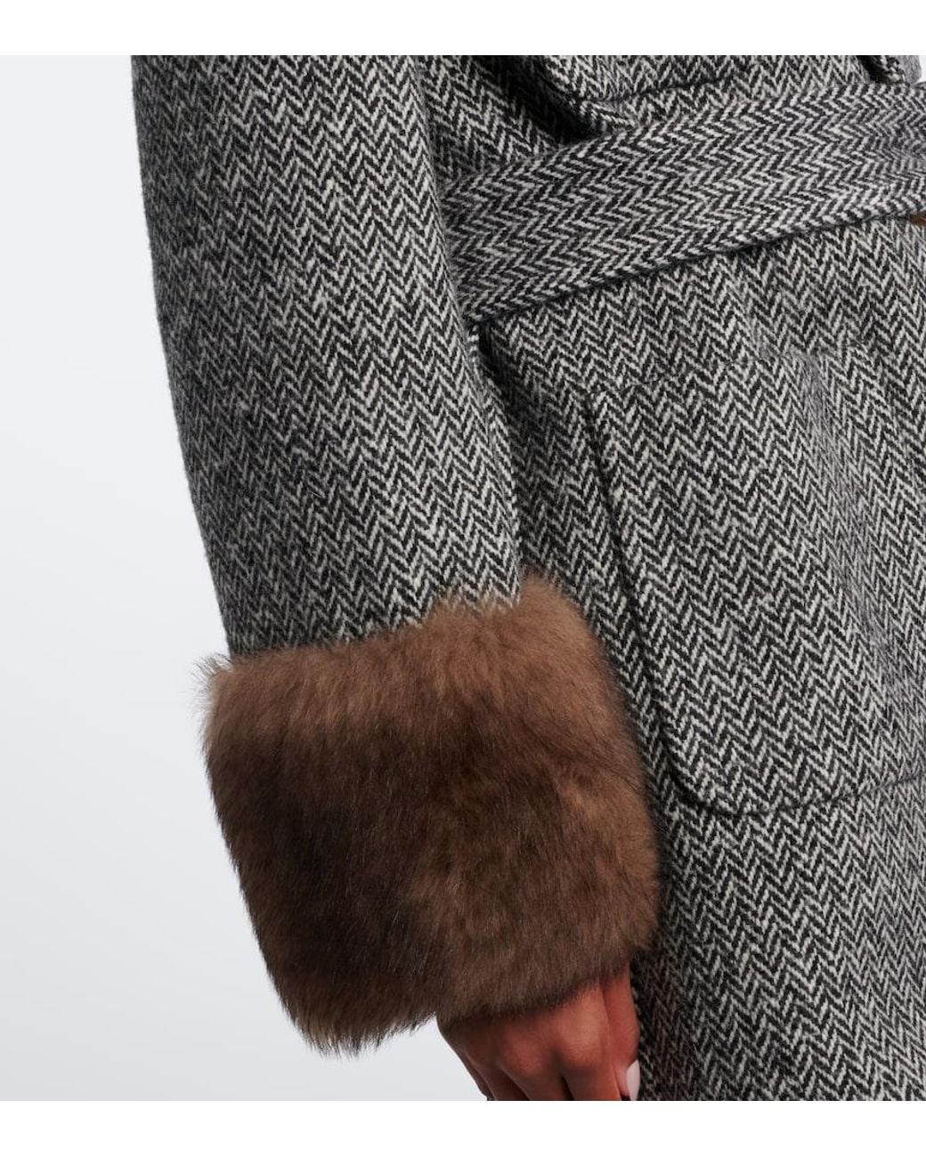 Valentino Garavani Gray Herringbone Shearling-Trimmed Wool-Blend Coat