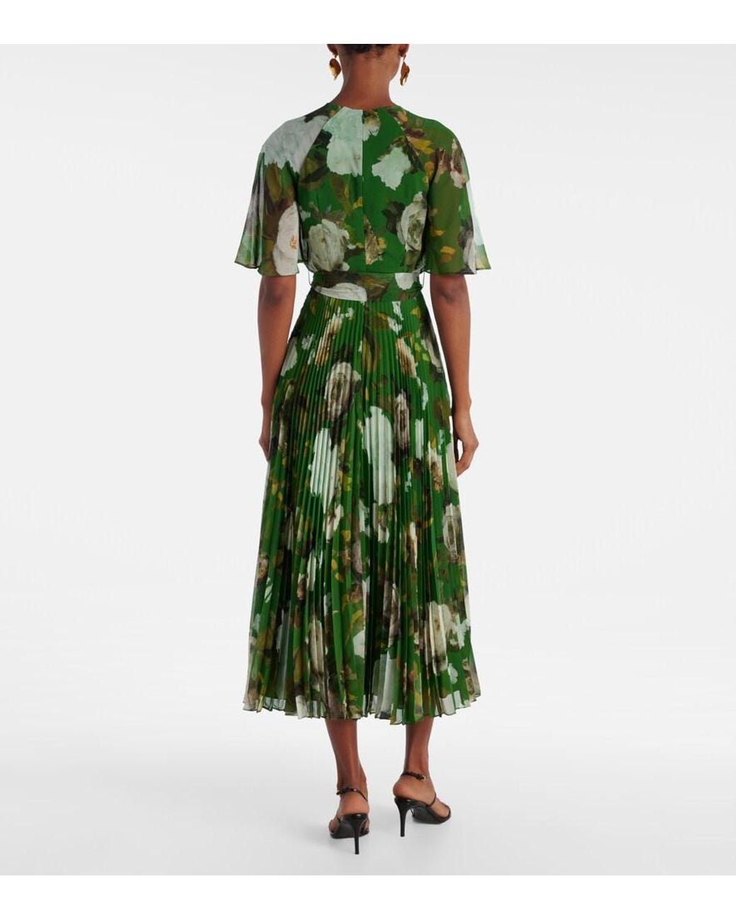 Erdem Green Floral-Print Short Sleeve Stretch-Cady Midi Dress