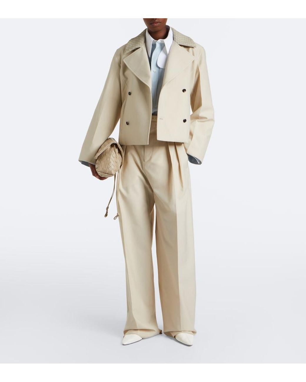Bottega Veneta Natural Intrecciato Striped Wool And Cotton Peacoat