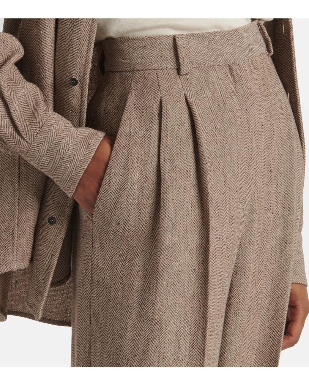 Loro Piana Natural Nyack Chevron Linen Crepe Wide-Leg Pants