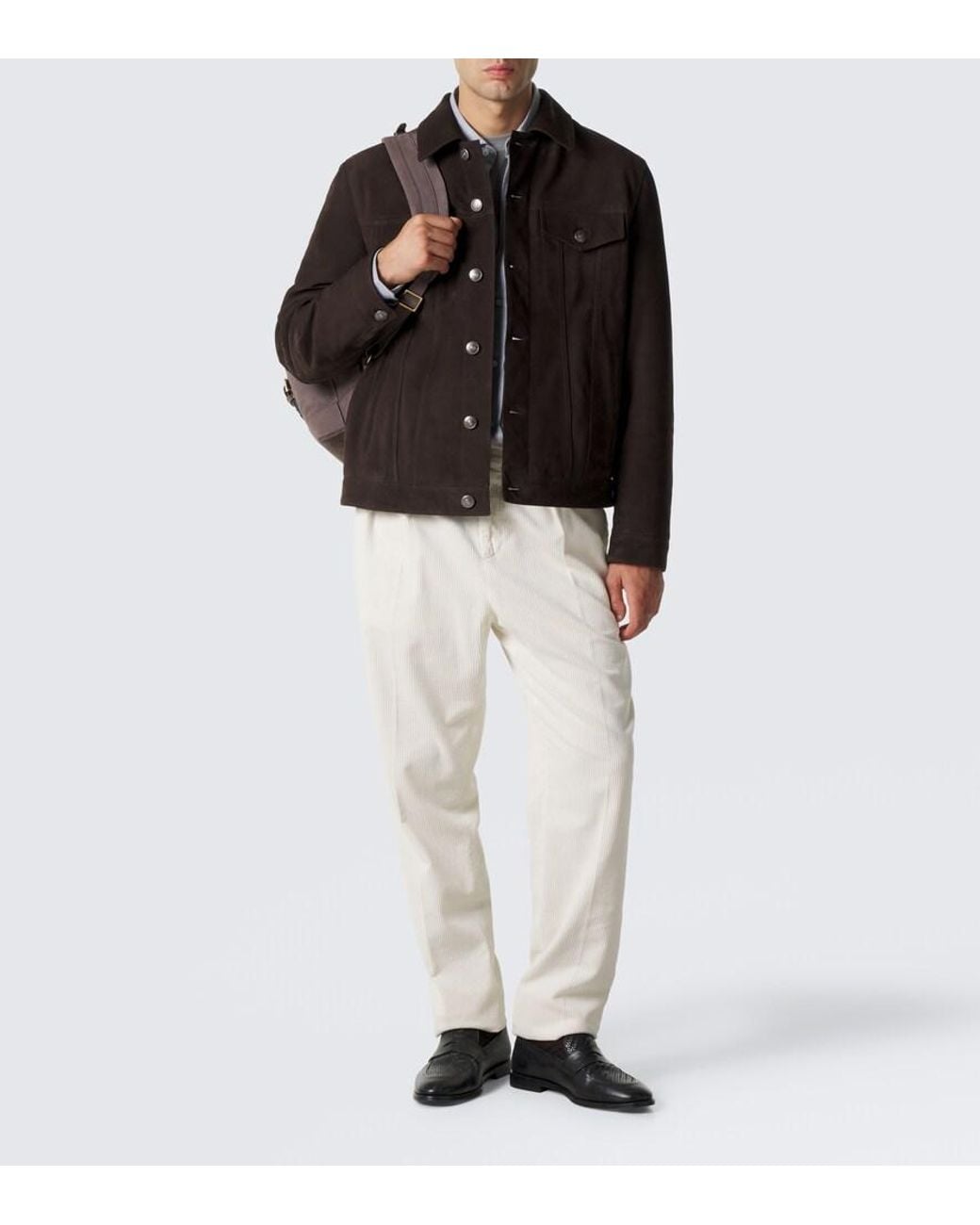 Brunello Cucinelli White Pleated Cotton Corduroy Straight Pants for men
