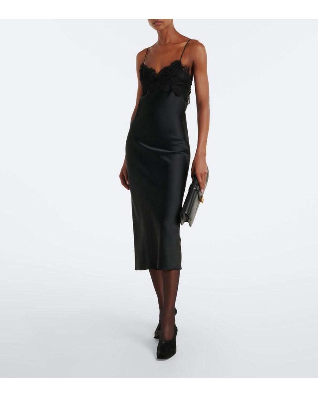 Khaite Black Joelle Lace-Trimmed Satin Slip Dress