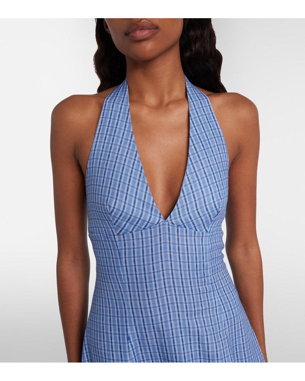 Faithfull The Brand Blue Marais Checked Linen Midi Dress