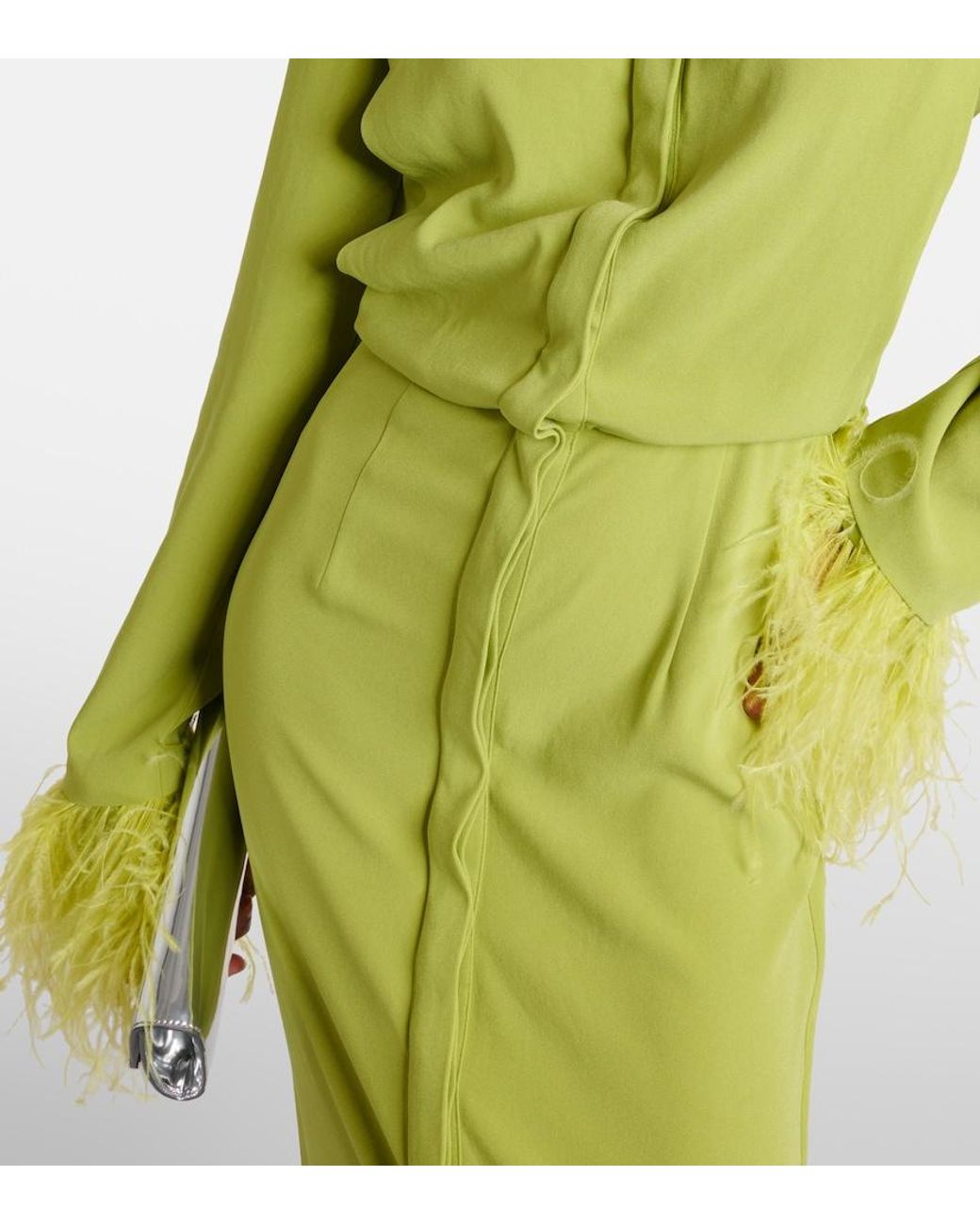 Roland Mouret Green Feather-Trimmed Crepe Satin Shirt Dress