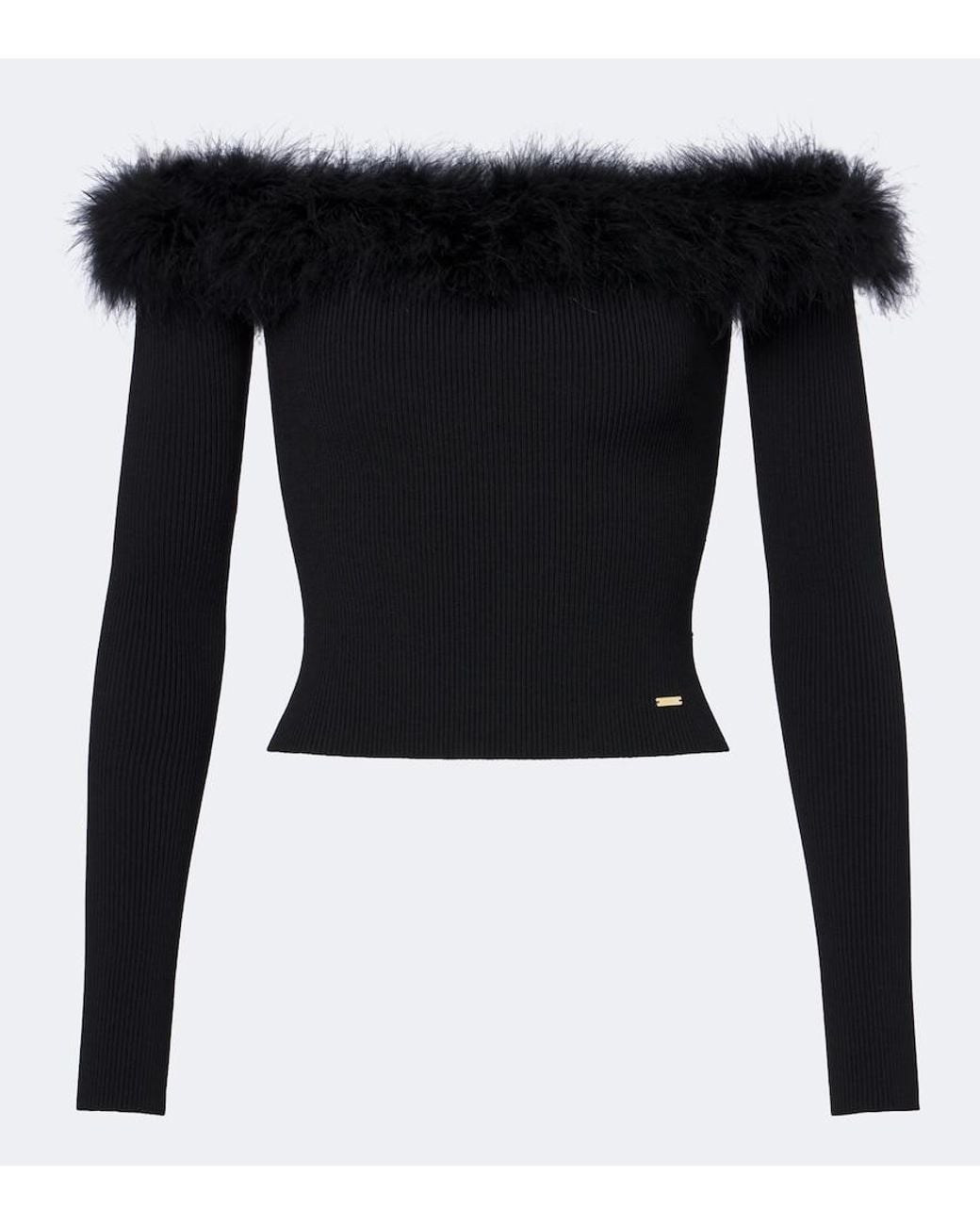 Gucci Black Feather-Trimmed Ribbed-Knit Top