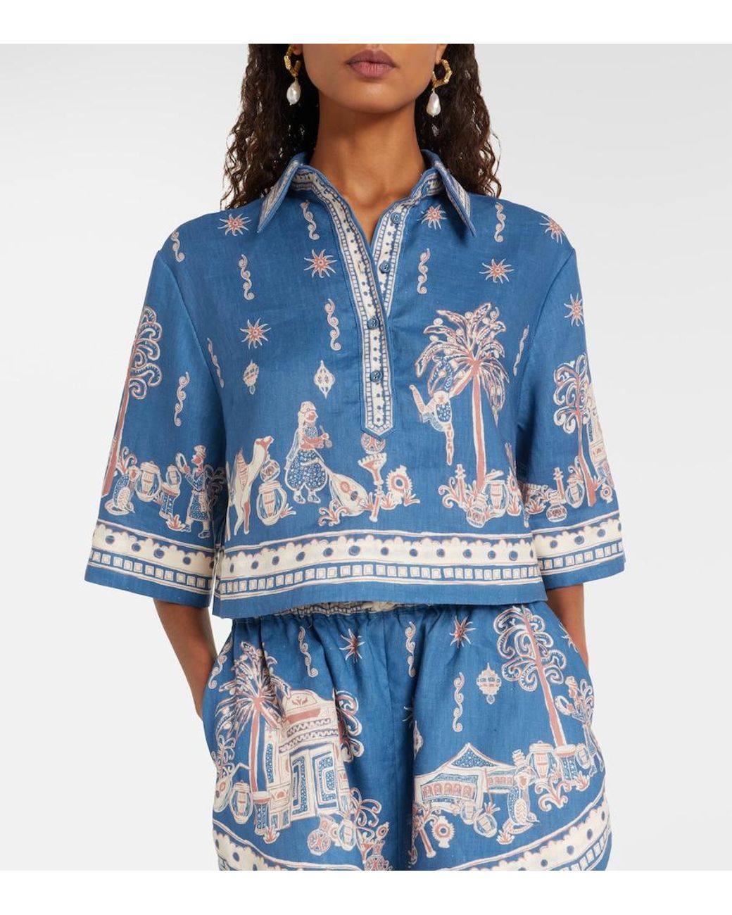 ALÉMAIS Blue Acacia Printed Cropped Linen Shirt