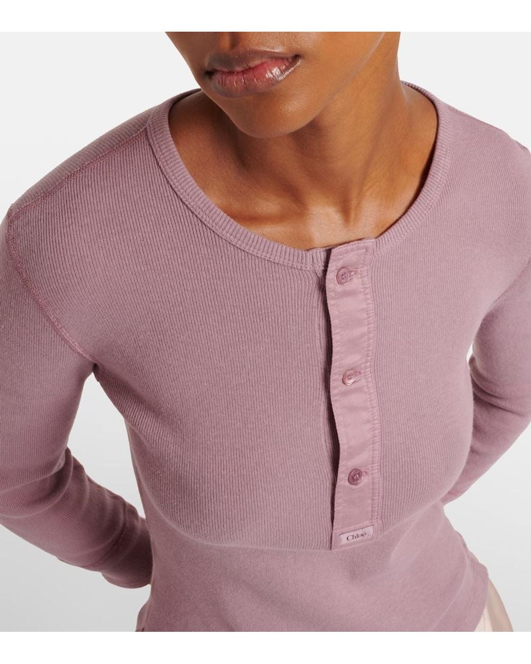 Chloé Pink Ribbed-Knit Cotton Henley Shirt