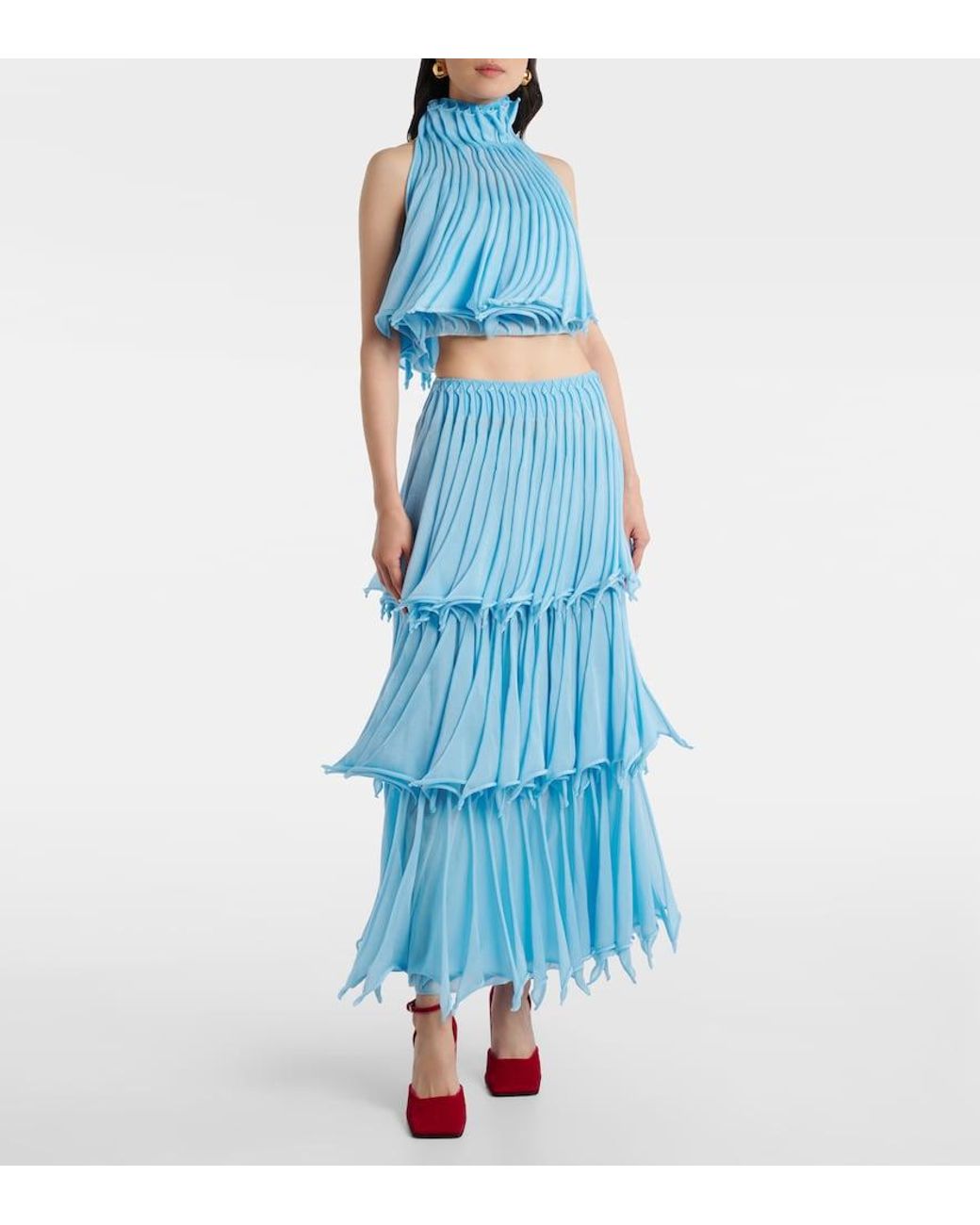 Alaïa Blue Cropped Pleated Knitted Turtleneck Top